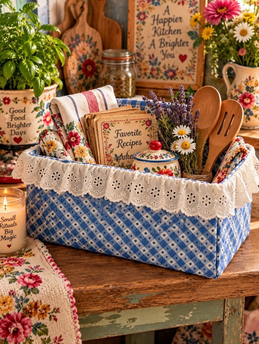 4/$15 Gingham Lace Fabric Basket COVER Cottagecore Grandmacore Farmhouse Shabby